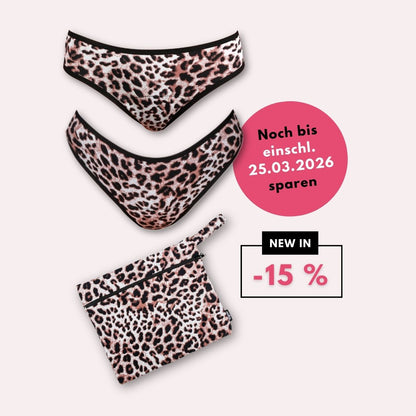3er Set Leo Periodenunterwäsche – Brazilian, Slip Ultra &amp; Wetbag